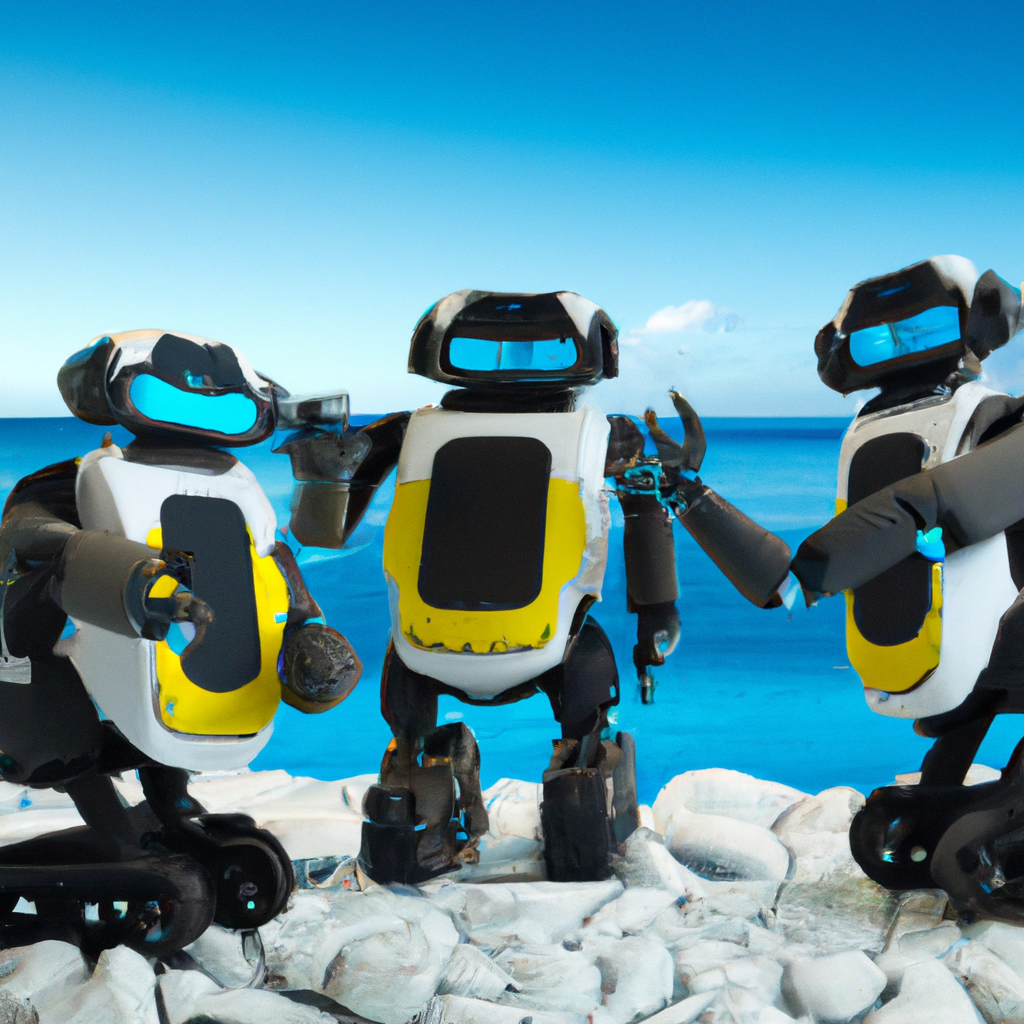 Équipe support Îles Robotics, océan en arrière-plan, robots et sourire chaleureux